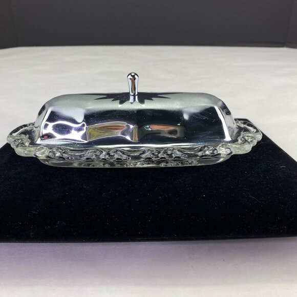 Vintage MCM Butter Dish Glass and Metal Starburst Lid - Picture 2 of 11